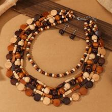 Collar con colgante de cuentas multicapa hecho a mano, conjunto de collar y aretes de cuentas de madera bohemio, accesorios de moda para fiesta/vacaciones - Multicolor - Ver 14