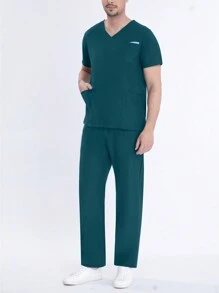 Men's Elastic Short Sleeve Work Uniform Top And Waist Drawstring Pocket Pants Set, Suitable For Work, Lab, Pet Grooming - Dark Green - View 3