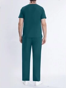 Men's Elastic Short Sleeve Work Uniform Top And Waist Drawstring Pocket Pants Set, Suitable For Work, Lab, Pet Grooming - Dark Green - View 2
