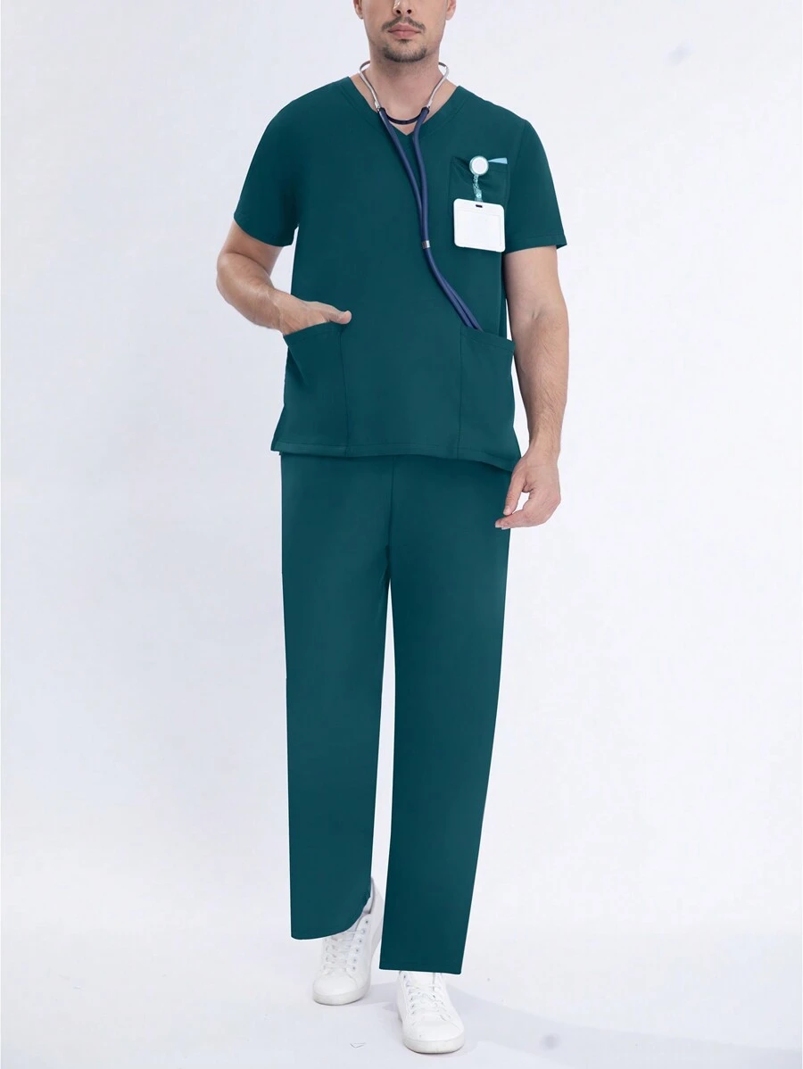 Men's Elastic Short Sleeve Work Uniform Top And Waist Drawstring Pocket Pants Set, Suitable For Work, Lab, Pet Grooming - Dark Green - View 1