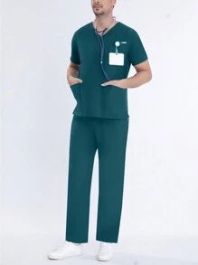 Men's Elastic Short Sleeve Work Uniform Top And Waist Drawstring Pocket Pants Set, Suitable For Work, Lab, Pet Grooming - Dark Green - View 4