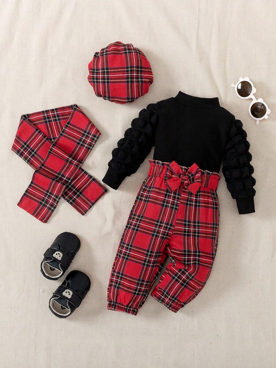 Bộ 4 món/Bộ áo dài tay kẻ caro thường ngày thời trang cho bé gái + quần nơ kẻ caro + khăn quàng kẻ caro + mũ phù hợp, trang phục - màu đen - Xem 1