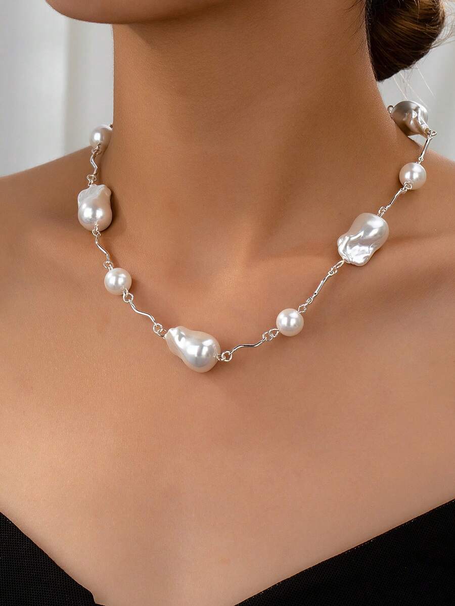 1 chiếc vòng cổ ngọc trai thủy tinh mạ bạc 925 sang trọng, thanh lịch và cao cấp dành cho phụ nữ, thích hợp cho những dịp trang trọng và đám cưới - vòng cổ - Xem 1