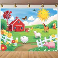1 pièce, Toile de fond de dessin animé d'animaux de ferme, matériau en polyester, bannière de fête 3D, grange rouge, clôture blanche, prairie ensoleillée, multifonctionnel, convient pour les fêtes, les chambres à coucher, les salons, les bureaux, les décorations de fête, sans alimentation électrique