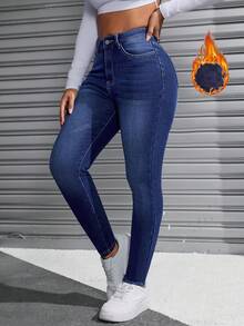 女士纯色简约休闲保暖内衬长裤，秋冬 - 深色水洗藍 - 查看 5