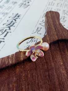 1 pieza Anillo abierto ajustable de perla barroca, diseño floral minimalista, elegante y ligero para mujeres