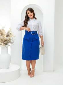 Elegant Tailored Midi Skirt With Belt And Pocket Evangelical Fashion - 寶藍色 - 查看 1