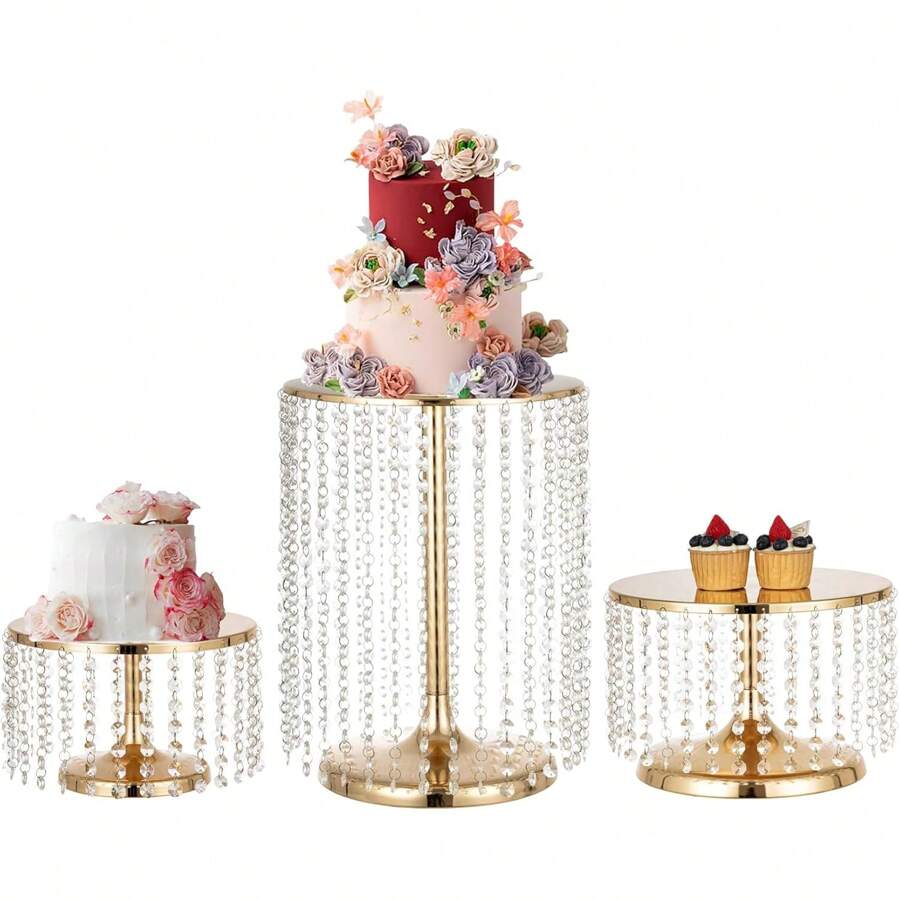 1pc/3pcs Cake Stand With Crystal Pendants, Metal Cake Stand For Dessert Table, Round Base Cake Display Stand For Wedding, Birthday Party, Home Decor - 2 màu - Xem 1