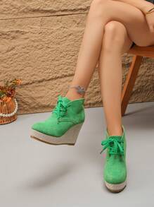 Women Platform Wedge Ankle Boots, Solid Color Fashion Chunky Heel Boots, Thick Bottom Slip-On Comfortable High Heel Boots, Casual Beach Non-Slip Chelsea Boots - Green - View 5