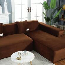 L Shape Sectional Sofa Cover 2-Piece Couch Cover Soft Velvet Elastic Stretch Sofa Slipcover For 3 Seater + 4 Seater Sofa Furniture Protector Couch Stretch L Shape Sofa Slipcover With 4Pcs Pillowcases - 咖啡棕 - 查看 8