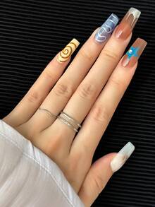 10pcs/Pack Y2K Square-Shaped Handmade False Nail Tips, Multicolor Tie Dye Gradient Mirror Powder Painted Nail Art With Contrast Color Rhinestones, DIY Shiny Artificial Nails For Women