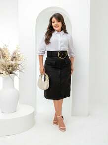 Elegant Tailored Midi Skirt With Belt And Pocket Evangelical Fashion - 黑色 - 查看 1