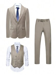 I FineLong Bộ 3 món nam màu trơn: Áo khoác, Áo vest và Quần, Bộ vest công sở nhẹ nhàng - Màu Khaki - Xem 1