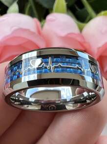 8mm Stylish Stainless Steel Ring With Heartbeat Design & Blue Fiber Shape Band, Unisex Engagement Rings For Wedding & Party, Valentine's Day Gift Valentines,Mom,Mother,Mother's Day,Gift - Heartbeat Ring - View 7