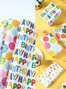 3/4/6 pièces papier cadeau style anniversaire mixte 50*70cm, lettres colorées joyeux anniversaire, ballons, points. Fournitures d'emballage cadeau, convient pour la décoration de fête d'anniversaire, mariage, table, Saint-Valentin