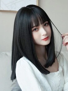 Peruca Preta para Mulheres, Cabelo Liso Comprimento de Ombro com Franja, Peruca Sintética de Aparência Natural para Uso Diário e Escolar, 18 Polegadas