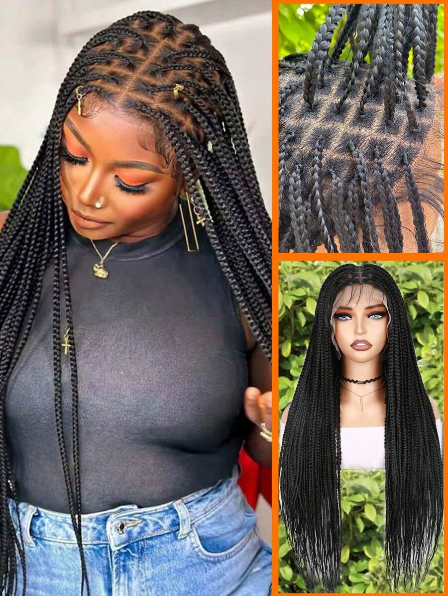 32 英寸编织假发盒装编织假发，带婴儿头发，女士编织假发，全蕾丝无结编织假发，方形编织蕾丝合成黑发 - 黑色 - 查看 1