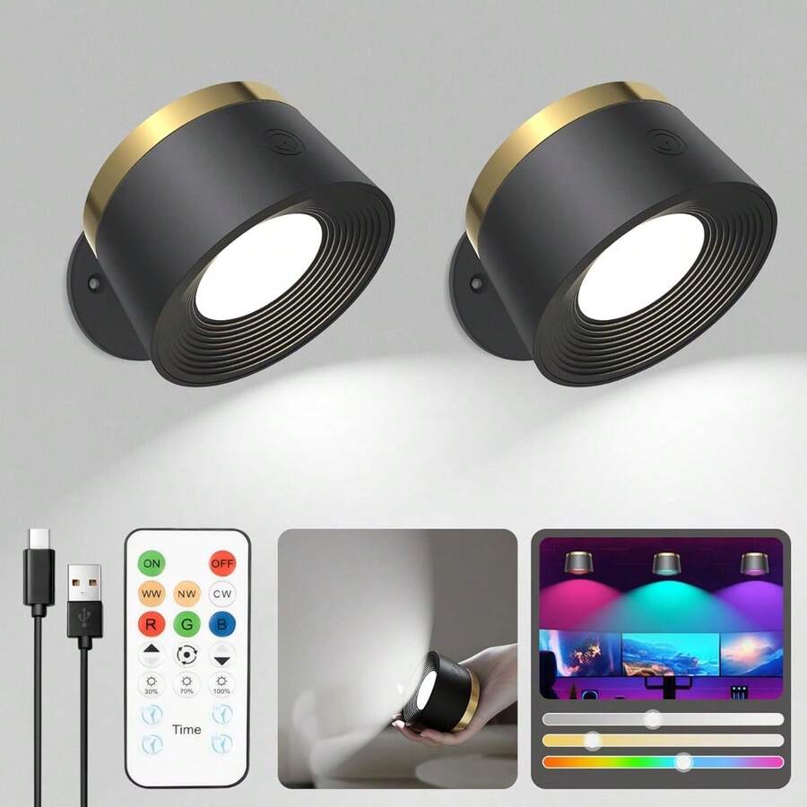 Battery Operated Wall Lights 2 Pack, Battery Wall Lights Indoor, Wall Lamp With Remote, 3 Color Temperatures & 13 RGB & Dimmable Magnetic 360° Free Rotation Rechargeable Sconces Wall Lighting - Black - View 1