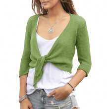 Women's Tie Front Shrug 3/4 Sleeve Bolero Sheer Knotted Lightweight Cardigan Sweaters Short Shawl Tops - 綠色 - 查看 1