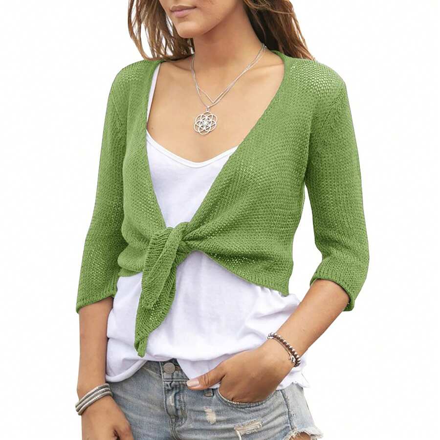 Women's Tie Front Shrug 3/4 Sleeve Bolero Sheer Knotted Lightweight Cardigan Sweaters Short Shawl Tops - 綠色 - 查看 1