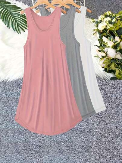 3pcs/Set Plus Size Women Basic Casual Dress Sets, Spring Summer Solid Color Crew Neck Sleeveless Nightgown, Moo Moo