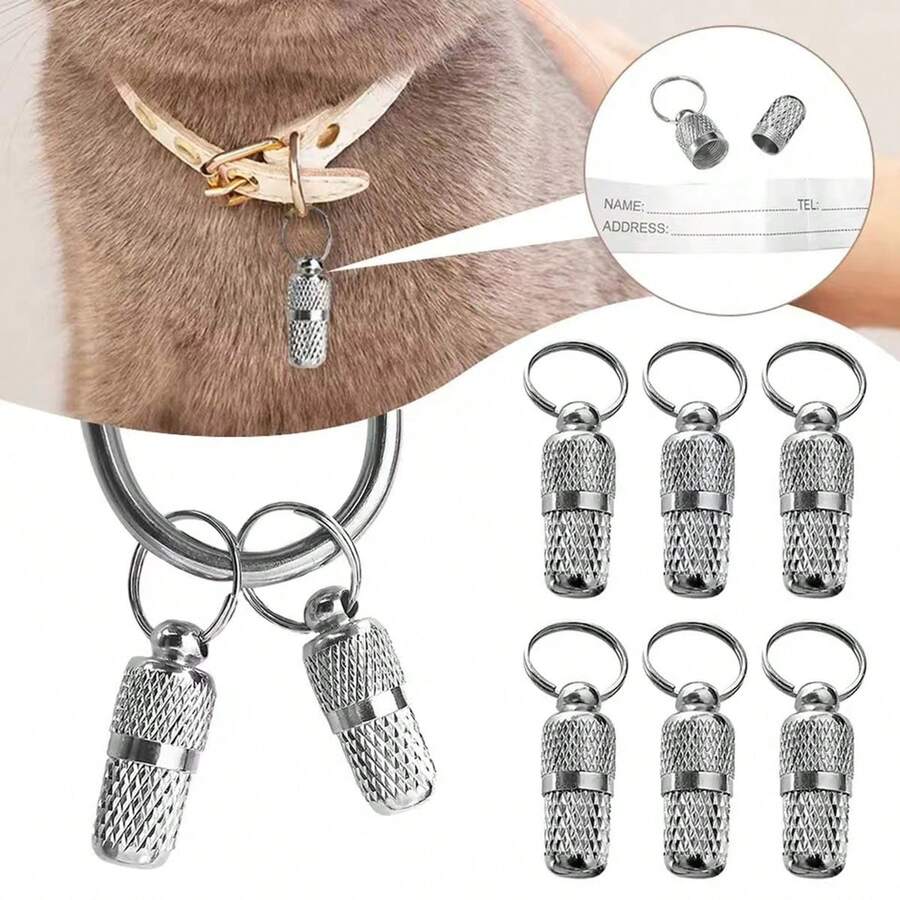 6 chiếc vòng cổ có gắn địa chỉ ID thú cưng cho chó mèo Ống đựng đồ chống thất lạc Nhãn địa chỉ Vòng cổ ống mini Mặt dây chuyền cho chó con - Bạc - Xem 1