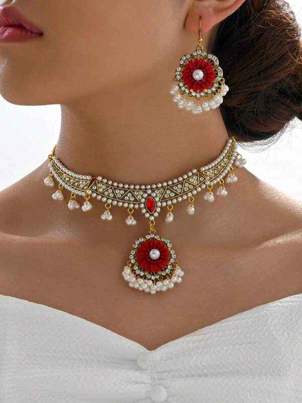 1 Set de joyas vintage con collar y pendientes con decoración de flor y perla con rhinestones para mujeres
