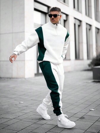 2pcs Men's Contrast Color Casual Daily Zipper Half Placket Sweatshirt And Sweatpants Set, Fall Clothes