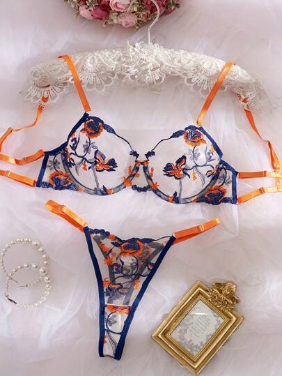 Sexy Neon Orange Contrast Embroidered Floral Women Lingerie Set Two Pieces Set Women 2 Pieces Set