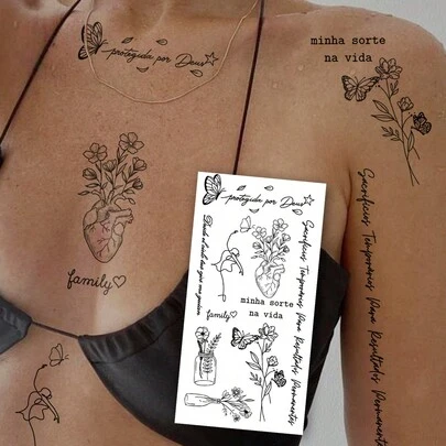 1 hoja de tatuajes temporales de gran tamaño para mujeres u hombres, estilo simple de mariposa, corazón, florero, flores con texto en inglés en estilo y2k, apropiado para dedos, estilo callejero lindo, impermeable, tatuaje falso que dura de 2 a 5 días, cubre cicatrices, se puede usar en brazos, muñecas, hombros, piernas, cintura, cuello, mano, pecho, muslos, tobillo, adecuado para fiestas, regalos, vacaciones, decoración corporal