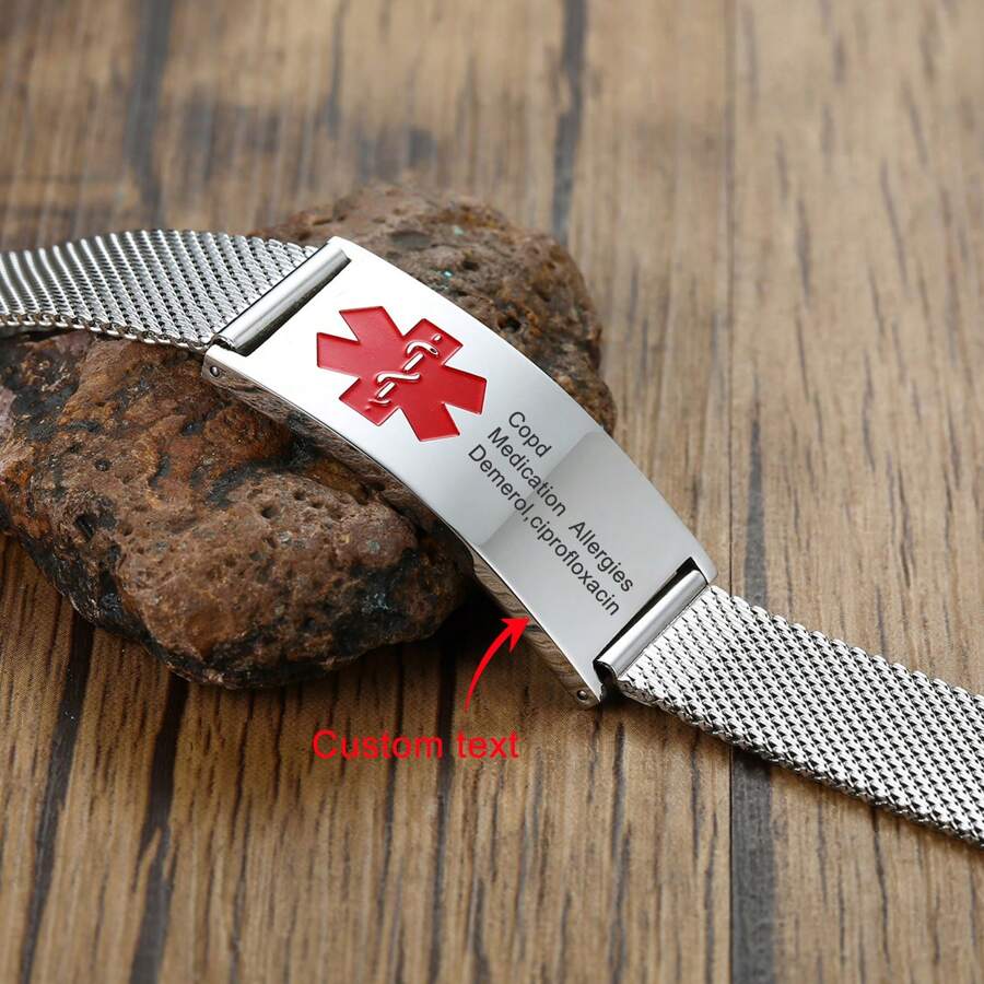 1pc Customized Laser Engraved Hollow Stainless Steel Red & Black Medical ID Mesh Bracelet, Best Gift For Men & Women In 2024, Stainless Steel Strap, Stainless Steel Jewelry, Customized Bracelet For Women, Personalized Item, Gift For Him,Jewellery For Ladies - Style - View 1