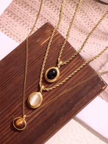 1 pieza Collar con colgante vintage de piedra ovalada en negro, blanco y marrón, enchapado en oro de 18K, acero inoxidable, pequeño y lindo, regalo de joyería para mujer