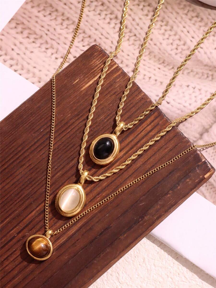 1 pieza Collar con colgante vintage de piedra ovalada en negro, blanco y marrón, enchapado en oro de 18K, acero inoxidable, pequeño y lindo, regalo de joyería para mujer