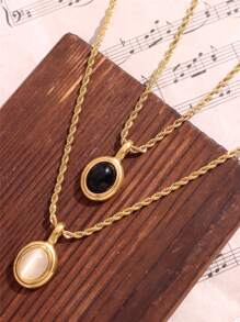 1 pieza Collar con colgante vintage de piedra ovalada en negro, blanco y marrón, enchapado en oro de 18K, acero inoxidable, pequeño y lindo, regalo de joyería para mujer