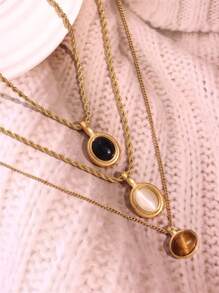 1 pieza Collar con colgante vintage de piedra ovalada en negro, blanco y marrón, enchapado en oro de 18K, acero inoxidable, pequeño y lindo, regalo de joyería para mujer