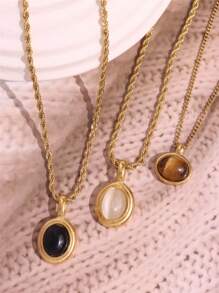 1 pieza Collar con colgante vintage de piedra ovalada en negro, blanco y marrón, enchapado en oro de 18K, acero inoxidable, pequeño y lindo, regalo de joyería para mujer