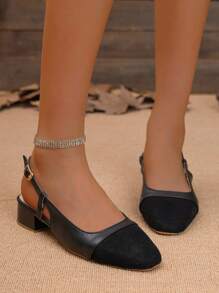 Women's Square Toe Velvet Bread Head Single Strap Thick Heel Pumps British Style High Heel Shoes - Black - View 3