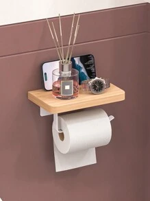 1pc Wall-Mounted Wooden Toilet Paper Holder With Shelf, Self-Adhesive Tissue Paper Dispenser, Durable Metal Frame, Bathroom Storage Rack - For Phone/Wet Wipes/Toilet Paper, Bathroom Accessory, Black/White