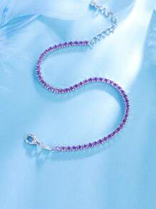 1pc Adjustable 925 Sterling Silver Sparkling Round Amethyst Purple Cubic Zirconia Tennis Bracelet Jewelry For Women, Wedding, Engagement, Party, Holiday Gift