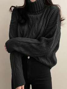 Women's Casual Loose Comfortable Turtleneck Sweater, Autumn/Winter - Black - View 4