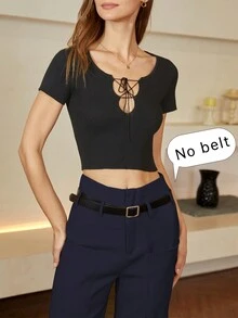 女士纯色系腰优雅长裤 - 深藍色 - 查看 5