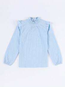 Blibean Back-To-School Season Loose Fit Solid Color Ruffle Trim Stand Collar Shirt For Tween Girls - Baby Blue - View 6