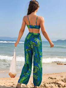 Conjunto De Bikini De 3 Piezas Con Estampado Tropical Y Corte Alto Para Playa De Verano Con Cubierta,Bañador Bikini Halter Con Estampado Tropical,Bañadores Para Fest - Verde - Ver 2