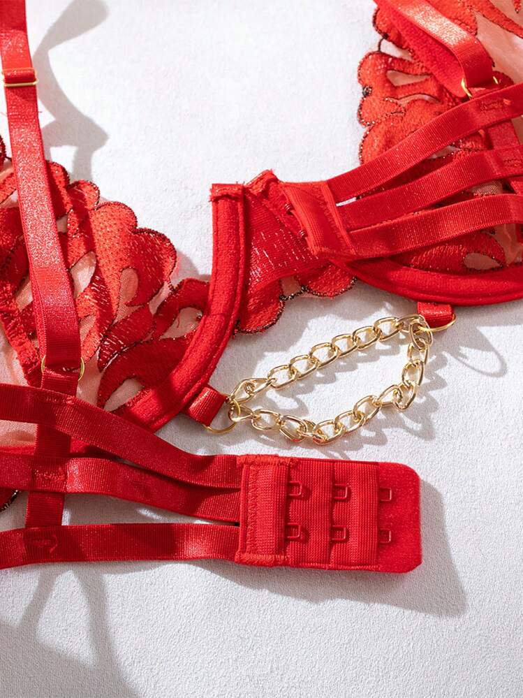 (随机花卉图案)火焰刺绣性感链条胸罩镂空肩带新娘内衣套装，4件套外出 - 紅色 - 查看 8