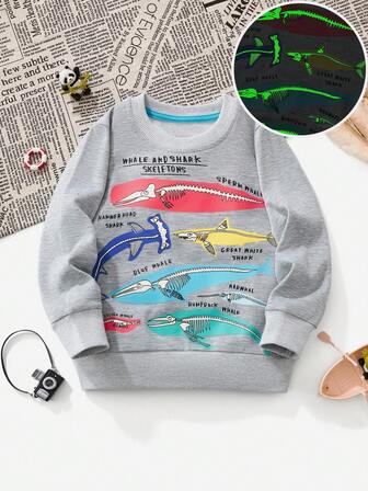 1pc Kids Glow-In-The-Dark Cartoon Deep Sea Fish Print Crew Neck Long Sleeve Sweatshirt, Fashionable & Cute, Autumn/Winter