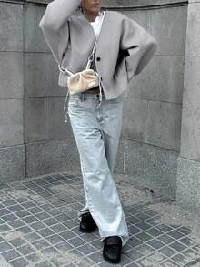 Cardigan Wanita Model V-Neck untuk Musim Gugur/Dingin - Bahan Wol Gaya Inggris - Grey - View 7