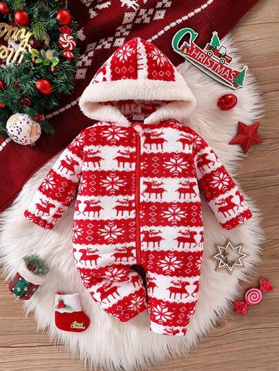 Newborn Baby Girls Cute Soft Fleece Christmas Pattern (Random Print) Brim Patchwork White Plush Zip Up Hooded Jumpsuit, Fall/Winter