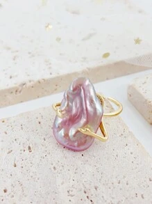 1 pieza Anillo abierto ajustable de perla barroca, diseño floral minimalista, elegante y ligero para mujeres