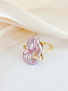 1 pieza Anillo abierto ajustable de perla barroca, diseño floral minimalista, elegante y ligero para mujeres