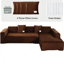 L Shape Sectional Sofa Cover 2-Piece Couch Cover Soft Velvet Elastic Stretch Sofa Slipcover For 3 Seater + 4 Seater Sofa Furniture Protector Couch Stretch L Shape Sofa Slipcover With 4Pcs Pillowcases - 咖啡棕 - 查看 7